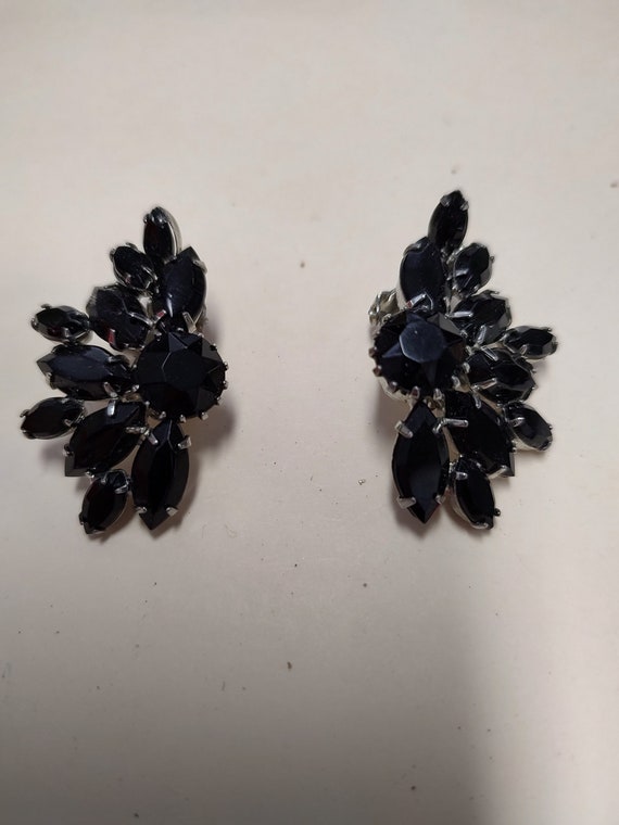 Vintage clip on earrings, black rhinestone clip on