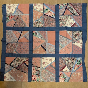 May include: A patchwork quilt with a blue border. The quilt features nine large squares, each composed of smaller fabric pieces in shades of pink, floral patterns, and geometric designs. The overall aesthetic is vintage and handmade.