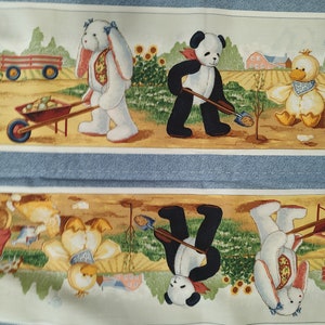 May include: Fabric panel featuring a repeating pattern of cartoon animals in a farm scene. A white bunny, panda bear, and duck are depicted with gardening tools. The background includes a red wagon, sunflowers, and a farmhouse. The fabric has a blue border.