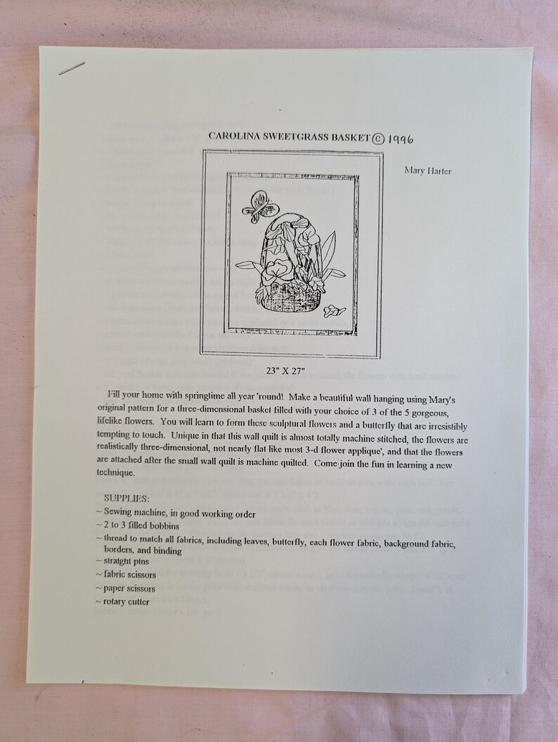 Carolina Sweetgrass Basket Quilt Pattern, Wall Hanging, 3D Flowers ...
