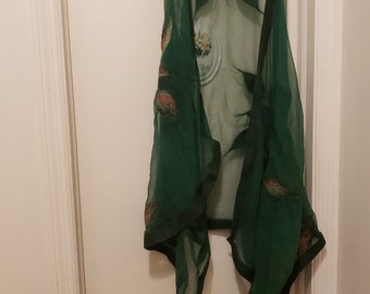 Felted sheer scarf, felted scarf, handmade scarf, felted flowers, green scarf