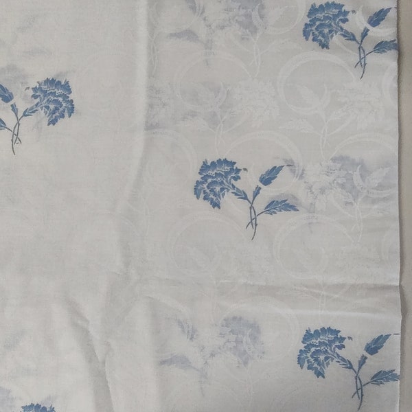 Pastel blue carnations and white carnations on white, floral prints, lightweight fabric