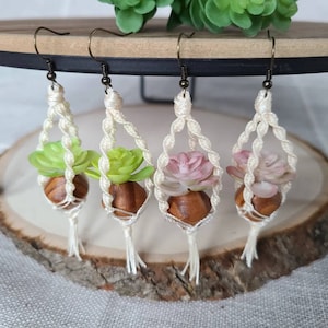 May include: Three pairs of macrame earrings with small wooden pots and faux succulent plants. The plants are green, pink, and green. The earrings are made with white macrame cord.