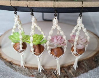 Pendientes colgantes de macramé con suculentas plantas