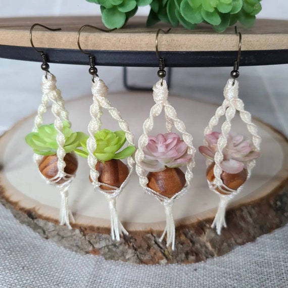 Succulent Macrame Hanging Plant Earrings