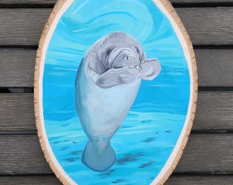 Manatee Painting on Oval Wood Slice