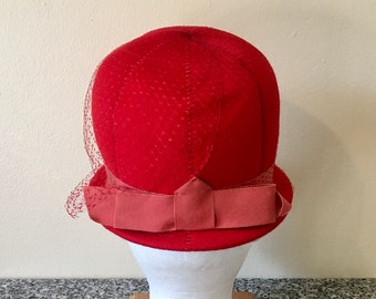 Vintage Red Wool Ritz Henry Pollak Cloche Hat with Ribbon and Netting