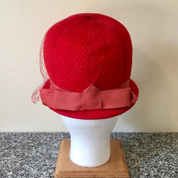 Vintage Red Wool Ritz Henry Pollak Cloche Hat with Ribbon and Netting