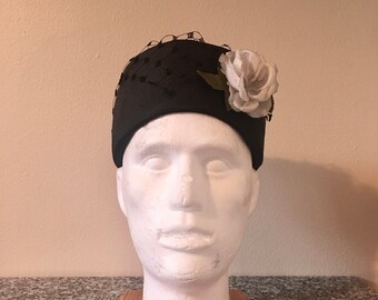 Vintage Black Hat with Netting and White Flower