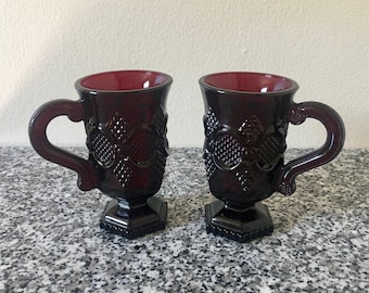 Set of 2 Avon Ruby Red Cape Cod Footed / Pedestal Mugs with Handle