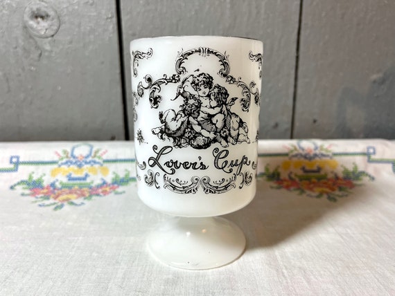 Pedestal Milk Glass Lover's Cup Coffee or Tea with Silver Accents and B handle