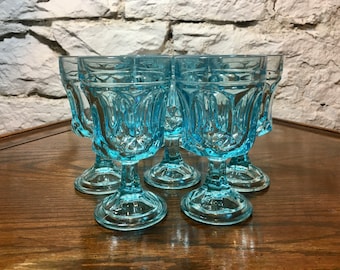 Set of 4, 5, or 9 Light Blue Stemware Wine Glass Fairfield Pattern by Anchor Hocking
