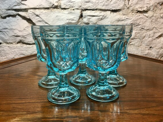Set of 4, 5, or 9 Light Blue Stemware Wine Glass Fairfield Pattern by Anchor Hocking