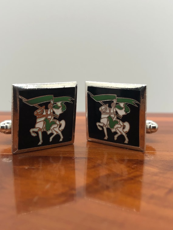 Vntg Cufflinks Knight on White horse with Green fl