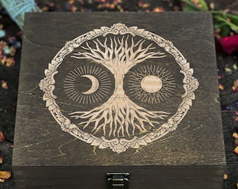 Wooden Box with Engraved Tree of Life, Featuring Sun and Moon Symbols for Balance and Harmony in Esoteric, Spiritual Boho Decor