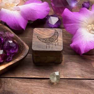 Crescent Moon Wooden Ring Box – Bohemian Engraved Celestial Keepsake