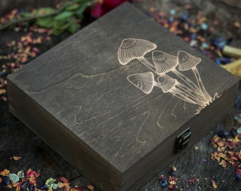 Enchanted Wooden Box with laser Engraving Magical Mushroom Design - Ideal for Mystics, Psychedelic Art Lovers, and Nature Enthusiasts