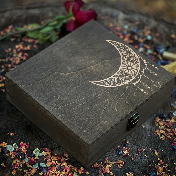 Enchanting Wooden Box with Crescent Moon and Night Sky Design, Perfect for Storing Treasures and Trinkets, Ideal for Moon Lovers