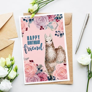 Cartão de aniversário de lhama para impressão - aquarela pintada à mão