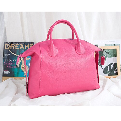 Extra Large Grain Leather Tote Bag/Shoulder Bag, Cowhide Leather Boston Bag, Shopping leather bag, Fashion Bag Black, Pink, shops Gifts