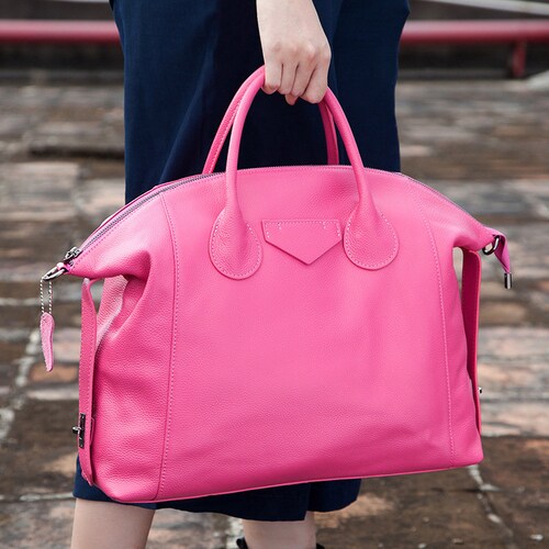 Extra Large Grain Leather Tote Bag/Shoulder Bag, Cowhide Leather Boston Bag, Shopping leather bag, Fashion Bag Black, Pink, shops Gifts