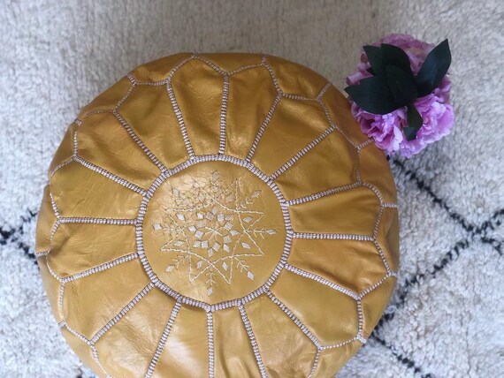 Pouf Marocain En Cuir Fait Main - Marrakech - Décoration Intérieure - Marron Foncé
