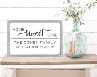 Home Sweet Home Family Name w/ Coordinates Sign, Closing Day Gift, Housewarming Gift, Realtor Gift, Farmhouse Sign, Painted Sign, Home Gift