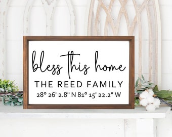 Bless This Home Family Name w/ Coordinates Sign, Closing Day Gift, Housewarming Gift, Realtor Gift, Farmhouse Sign, Painted Sign, Home Gift