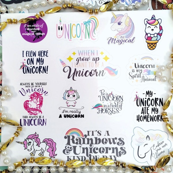 Magical Unicorn Sticker Sheet - Dreamy Pastel Prints - 14 Vinyl Decals - Laptop, Scrapbook, DIY Decor - Believe in Unicorns - Dream Wandz