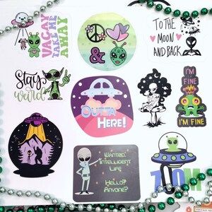 Snarky Extraterrestrial Sticker Sheet - Set of 10 Alien, UFO, and Bigfoot Decals - Cosmic Humor Fun for Laptop, Water Bottle, Notebook