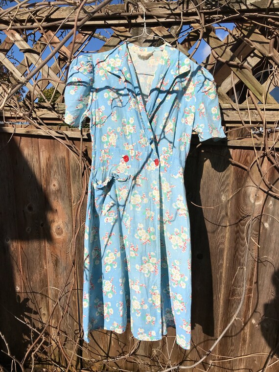 Vintage 1930s/40s Feedsack Blue Floral Day Dress,