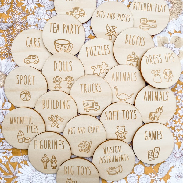 Wooden round toy labels with pictures | Trofast toy labels