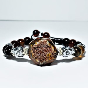 Blessed Santa Muerte Bracelet: Chocolate Agate, Hematite Skull Amulet