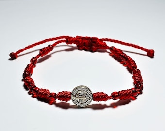 Red St Benedict Bracelet: Silver Plated Charm, Braided Protection Bracelet