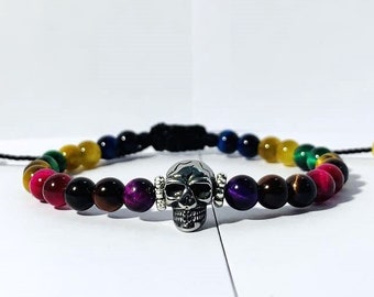 Santa Muerte Bracelet, 7 Potencias Tiger's Eye Amulet with Stainless Steel Skull