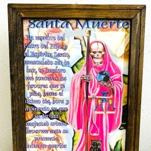 Blessed Santa Muerte Art with Prayer Santa Muerte Altar Gift, Santa Muerte Blanca Home Protection Amulet, Santa Muerte Wooden Frame Painting
