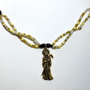 Blessed Golden Santa Muerte Mazo, Santa Muerte Necklace, Beaded Santa Muerte Necklace, Abundance, Santa Muerte Dorada, Good Fortune