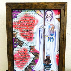 Blessed Santa Muerte Art with Prayer Santa Muerte Altar Gift, Santa Muerte Blanca Home Protection Amulet, Santa Muerte Wooden Frame Painting