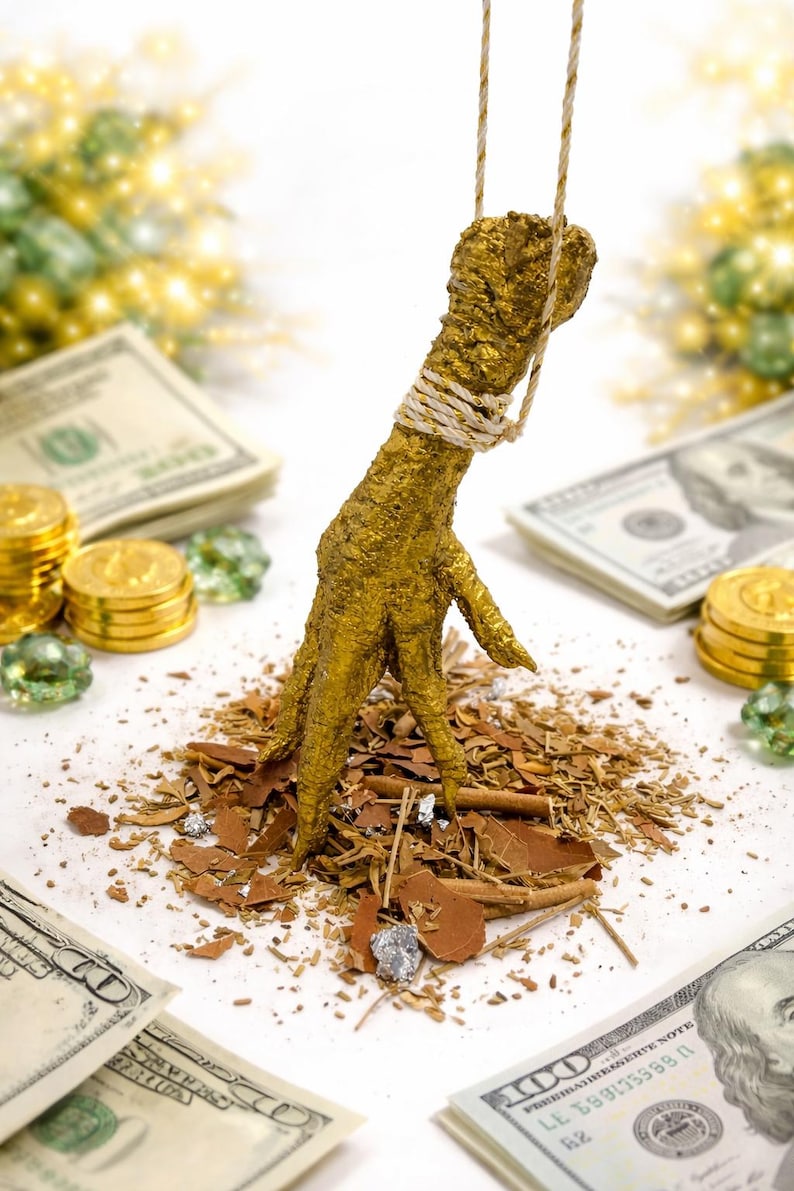 May include: A golden chicken foot sculpture suspended by a rope, resting on a bed of wood chips. The background includes stacks of US dollar bills, gold coins, and decorative green gems. The sculpture is a unique decorative item.