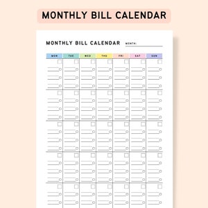 Monthly Bill Tracker PDF Printable Bill Calendar, Color-Coded Monthly Budget Planner, Printable and Digital Template for Organizing Expenses