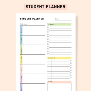 May include: A printable student planner with a colorful design. The planner includes sections for "This Week", "To Do List", "Deadlines", and "Notes".