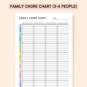 Puede incluir: Un cuadro de tareas domésticas imprimible para familias de 3 a 4 personas. El cuadro está dividido en días de la semana, con una columna para cada día. Cada día tiene una lista de casillas de verificación para asignar tareas.