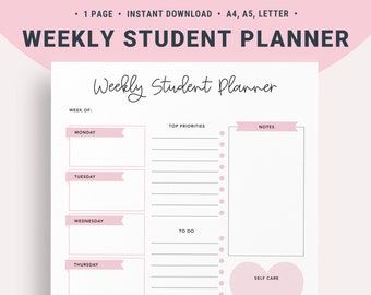 Student Planner Printable Insert, Weekly Student Study Planner, Academic Planner To Do List, Digital Download