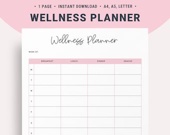 Puede incluir: Un planificador de bienestar imprimible con un esquema de color rosa y blanco. El planificador incluye secciones para comidas, ejercicio, cuidado personal e ingesta de agua. El planificador está diseñado para una semana e incluye los días de la semana: lunes, martes, miércoles, jueves, viernes, sábado y domingo.