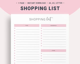 Printable Grocery List Template, Shopping List Printable, Grocery Planner Checklist, Food Tracker Shopping List for Meal and Menu Planning