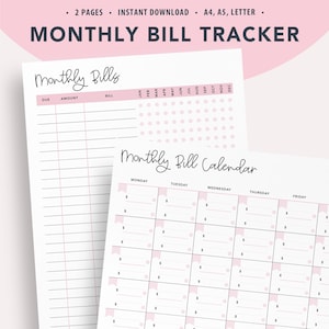 Monthly Bill Tracker Printable, Monthly Budget PDF, Bills Organizer, Monthly Bills Planner, Expense Tracker, Bill Calendar, Payment Log