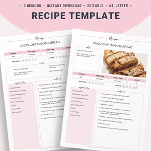 Bewerkbare receptsjabloon, afdrukbaar receptenblad, receptenboek, ingrediëntenkaart, familierecepten, voedselnotities, organisator receptenplanner