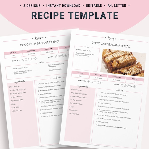 Editable Recipe Template, Printable Recipe Sheet, Recipe Book, Ingredients Card, Family Recipes, Food Notes, Recipe Planner Organizer