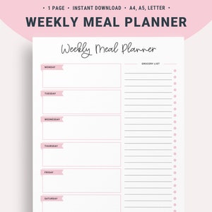 Weekly Meal Plan, Printable Meal Planner Template, Grocery List, Food Tracker, Menu Planner, Budget Menu Plan