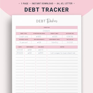 May include: A printable debt tracker worksheet with a pink background. The worksheet is divided into columns for debt type, creditor, starting balance, credit limit, account number, minimum repayments, repayment frequency, pay off by, date, repayment, balance, and notes. The worksheet includes an example entry for a credit card with a starting balance of £4800, a credit limit of £5000, an account number of 4398786, a minimum repayment of £428, a monthly repayment frequency, and a pay off by date of 31/12/20. The worksheet also includes two example entries for the date, repayment, and balance.